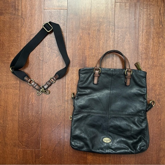 Fossil Explorer Tote in Black Leather with Brown Leather and Brass Accents - Picture 5 of 16